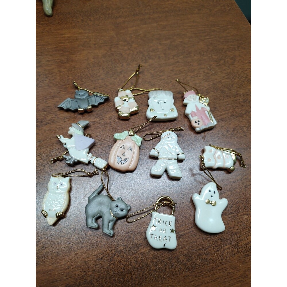 Vintage Lenox Halloween 12 Ghostly Ornaments Witch Bat Cat Etc... Porcelain